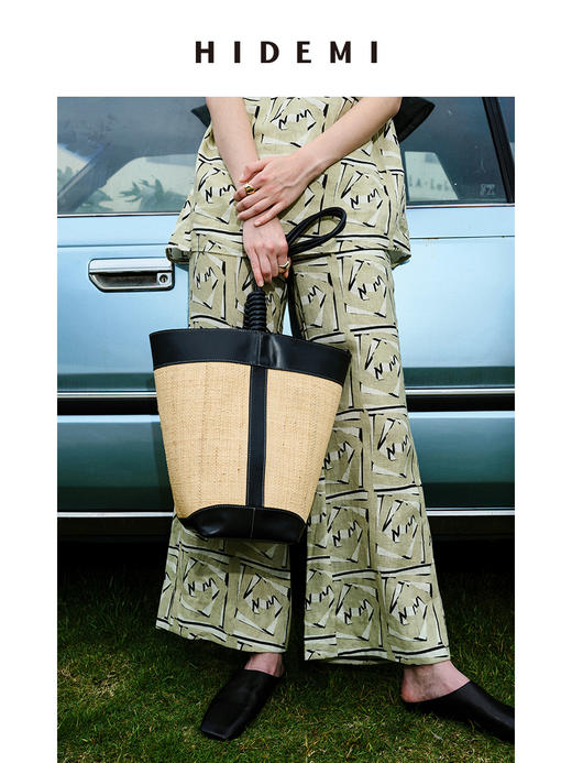 HIDEMI 度假系列拉菲草编织拼皮tote水桶包中号 黑色/棕色 商品图3