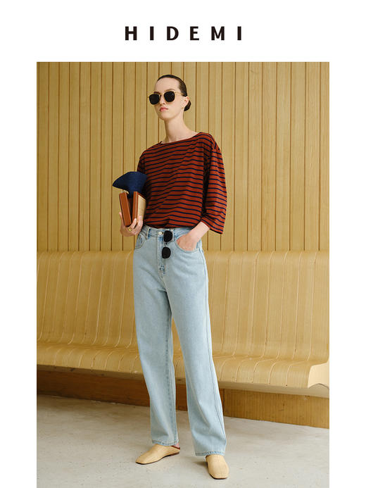 HIDEMI 度假系列海军条纹一字领七分袖上衣  蓝白/棕蓝 商品图1