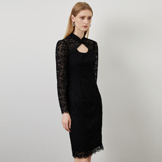 EITIE爱特爱秋季新款中式盘扣镂空修身小黑裙气质蕾丝连衣裙C2207022 商品图2