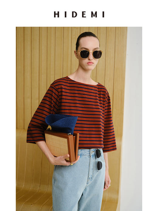 HIDEMI 度假系列海军条纹一字领七分袖上衣  蓝白/棕蓝 商品图5
