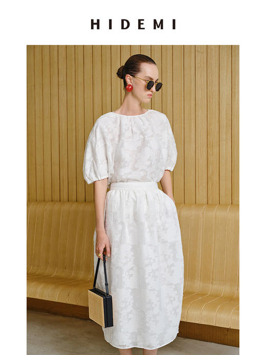 HIDEMI 度假系列浮雕剪花三件套 茧型半身裙/短袖上衣/长袖衬衫 商品图10