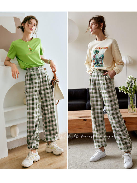 欧芮儿格子休闲裤女夏季2022年新款宽松薄款时尚运动阔腿百搭裤子 商品图2