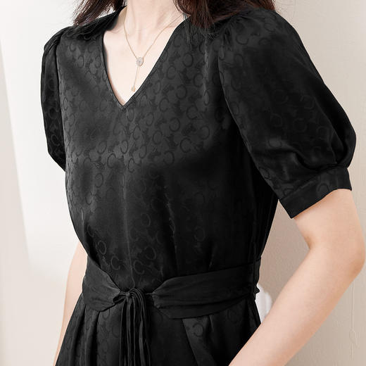 剩S/M 米思阳夏季新款时尚气质优雅提花泡泡袖连衣裙黑色中长裙1908 商品图4