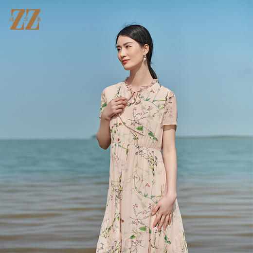 佐尔美2022夏季新款 100%桑蚕丝真丝印花甜美连衣裙女E22LS35 商品图2