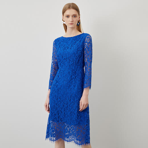 EITIE爱特爱秋季新款a字显瘦通勤气质圆领蓝色优雅蕾丝连衣裙C2207028 商品图1