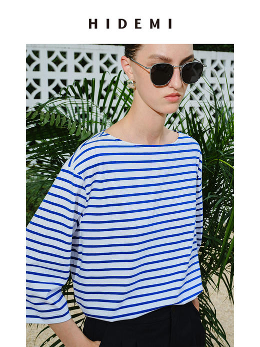 HIDEMI 度假系列海军条纹一字领七分袖上衣  蓝白/棕蓝 商品图7