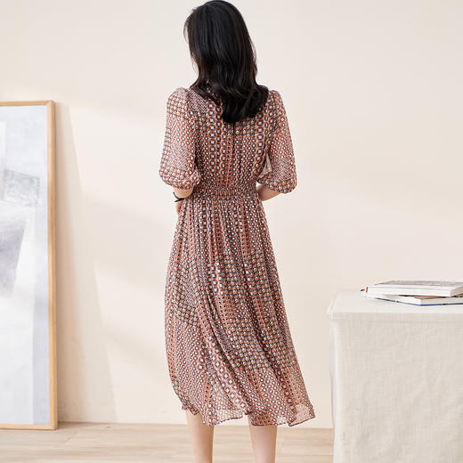 剩S/M/L 米思阳2025夏季新款知性复古印花灯笼袖连衣裙收腰大摆雪纺裙1899 商品图4