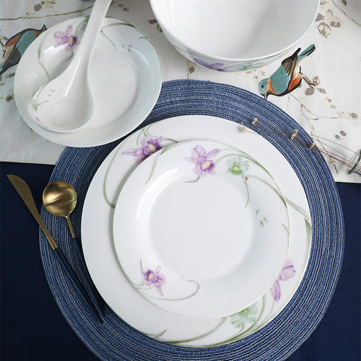 雷澳娜/REONE 骨瓷 兰花大汤碗沙拉碗面碗饭碗平盘菜盘家用碗碟组合自由搭配中式 商品图3