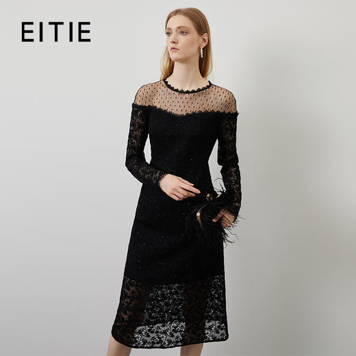 EITIE爱特爱秋季新款网纱一字领性感修身显瘦小黑裙优雅蕾丝连衣裙C2207024 商品图0