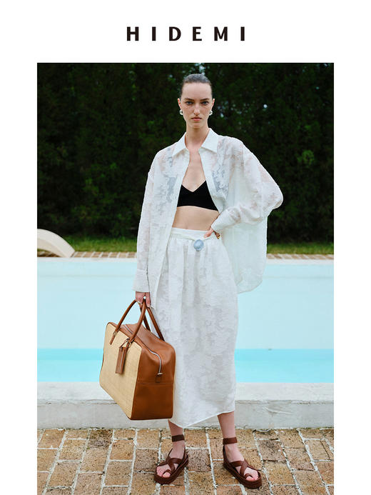 HIDEMI 度假系列浮雕剪花三件套 茧型半身裙/短袖上衣/长袖衬衫 商品图6