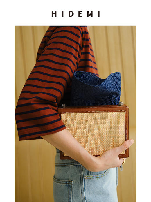 HIDEMI 度假系列拉菲草编织拼皮box豆腐包 商品图10