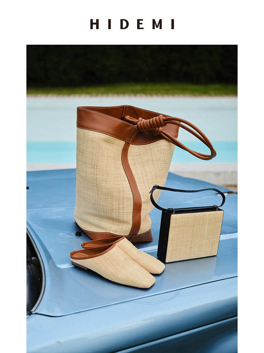 HIDEMI 度假系列拉菲草编织拼皮tote水桶包中号 黑色/棕色 商品图2