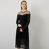 EITIE爱特爱秋季新款网纱一字领性感修身显瘦小黑裙优雅蕾丝连衣裙C2207024 商品缩略图1