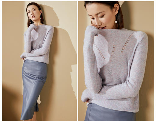 “烟雾紫”闪闪羊绒衫J20424682A 颈袖添香品牌秋冬OL女中长款羊绒毛衣长袖冬季套头 商品图3