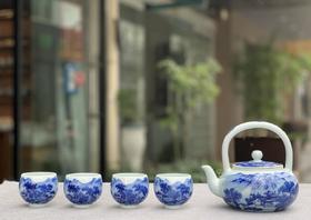 柴窑青花山水提梁壶杯套