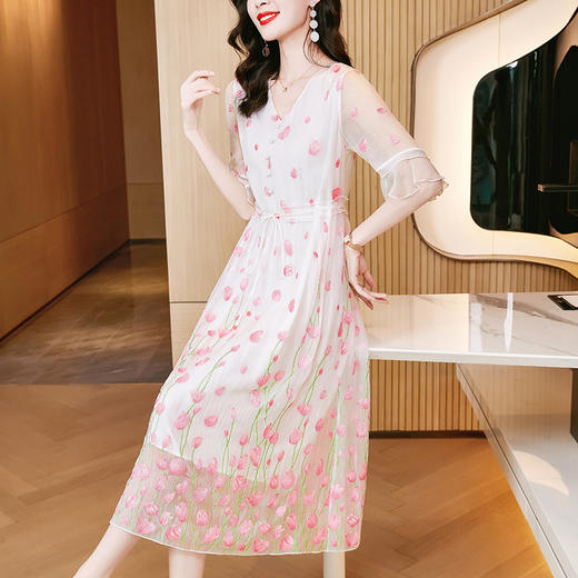 优雅百搭，五分袖V领套头收腰真丝连衣裙SM-82297965 商品图0