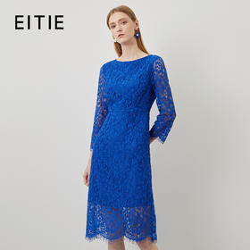 EITIE爱特爱秋季新款a字显瘦通勤气质圆领蓝色优雅蕾丝连衣裙C2207028
