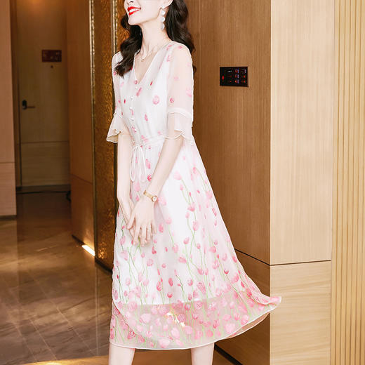 优雅百搭，五分袖V领套头收腰真丝连衣裙SM-82297965 商品图2
