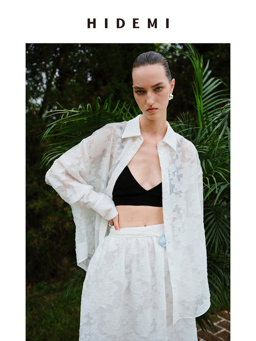 HIDEMI 度假系列浮雕剪花三件套 茧型半身裙/短袖上衣/长袖衬衫 商品图4