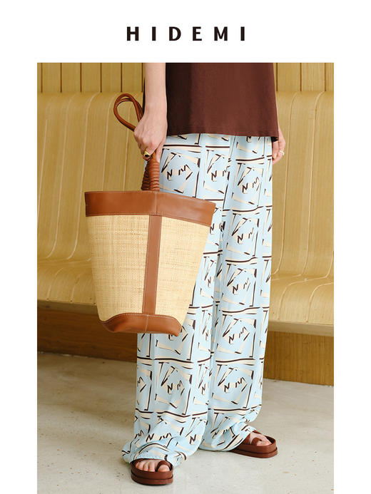 HIDEMI 度假系列拉菲草编织拼皮tote水桶包中号 黑色/棕色 商品图11