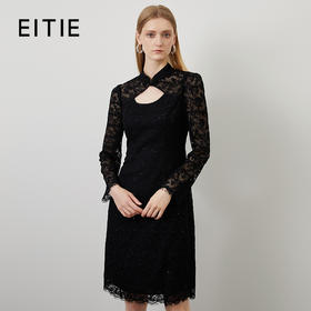EITIE爱特爱秋季新款中式盘扣镂空修身小黑裙气质蕾丝连衣裙C2207022