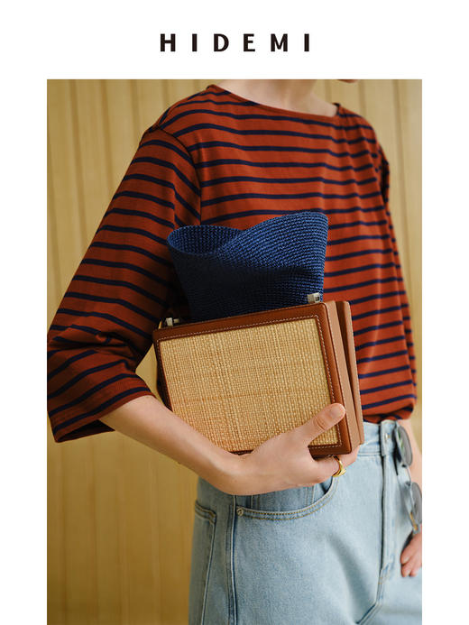 HIDEMI 度假系列拉菲草编织拼皮box豆腐包 商品图9