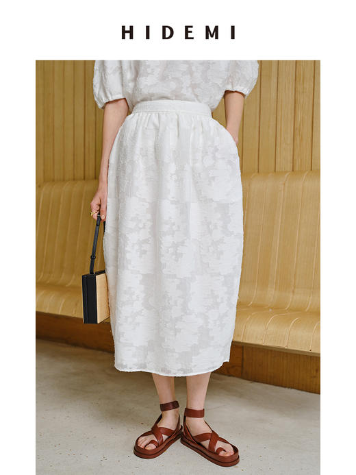 HIDEMI 度假系列浮雕剪花三件套 茧型半身裙/短袖上衣/长袖衬衫 商品图11