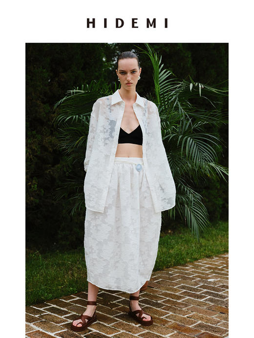 HIDEMI 度假系列浮雕剪花三件套 茧型半身裙/短袖上衣/长袖衬衫 商品图3