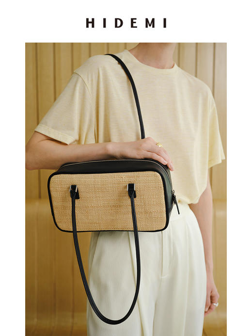 HIDEMI 度假系列拉菲草编织拼皮波士顿包 黑色/棕色 商品图6