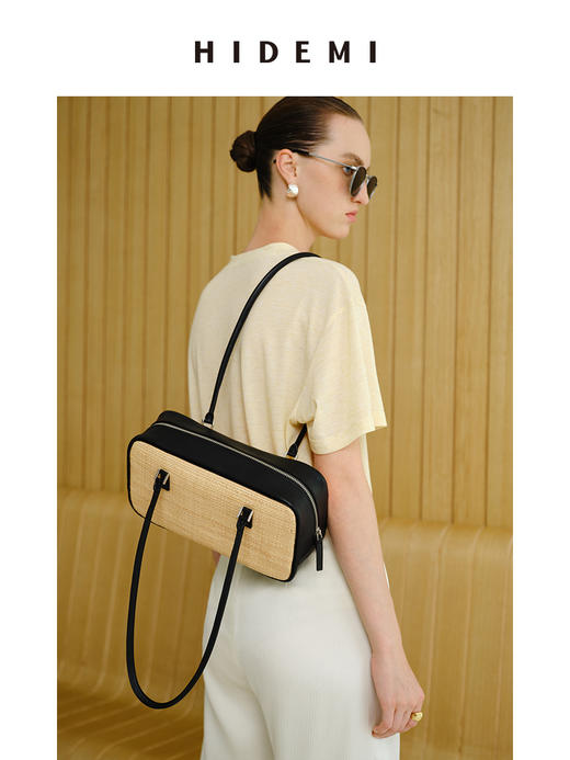HIDEMI 度假系列拉菲草编织拼皮波士顿包 黑色/棕色 商品图7