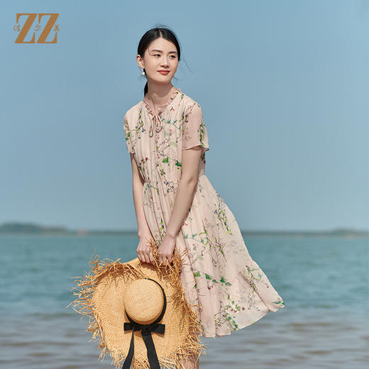 佐尔美2022夏季新款 100%桑蚕丝真丝印花甜美连衣裙女E22LS35 商品图3