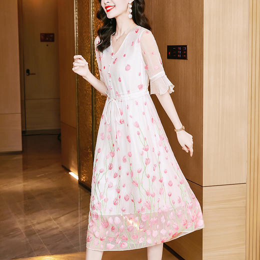 优雅百搭，五分袖V领套头收腰真丝连衣裙SM-82297965 商品图1