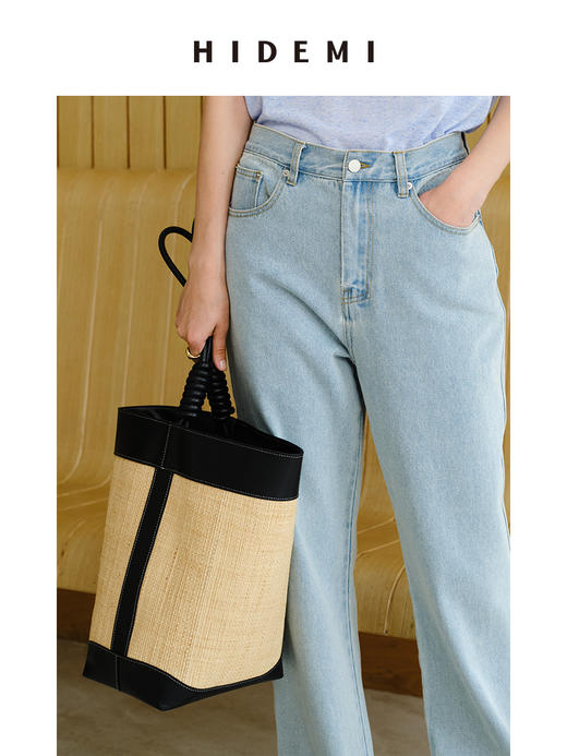 HIDEMI 度假系列拉菲草编织拼皮tote水桶包中号 黑色/棕色 商品图8
