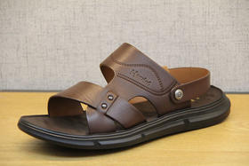 豪行夏季11251713中年平底外穿真皮沙滩鞋两用凉拖男士休闲皮凉鞋 专柜正品