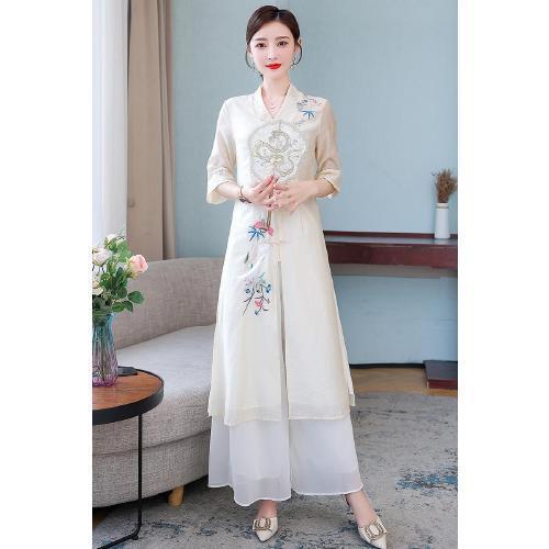 XH21C0828 2022夏季新品中国风复古文艺刺绣连衣裙复古盘扣气质连衣长裙薄款 商品图5