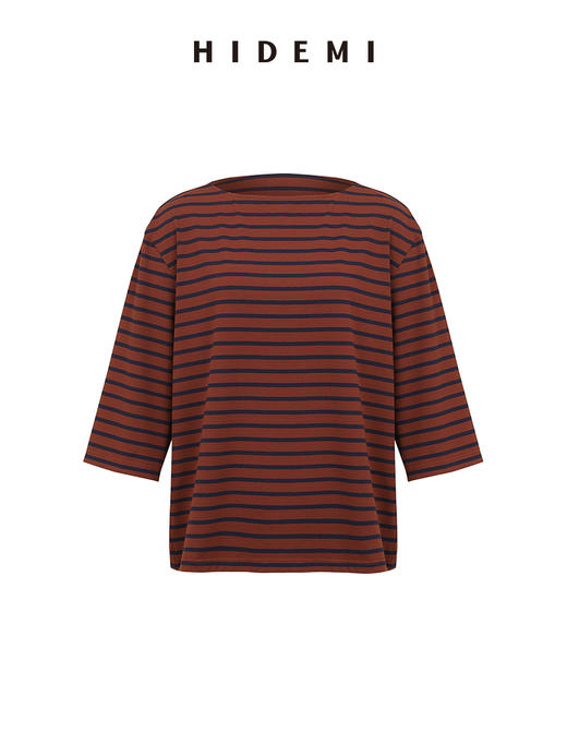 HIDEMI 度假系列海军条纹一字领七分袖上衣  蓝白/棕蓝 商品图13