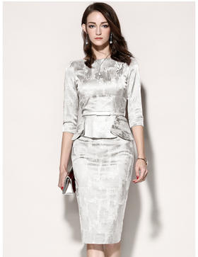 孤品 7381513颈袖添香秋季新款时尚五分袖职业装包臀裙修身显瘦女士连衣裙J7381513（）不退可换