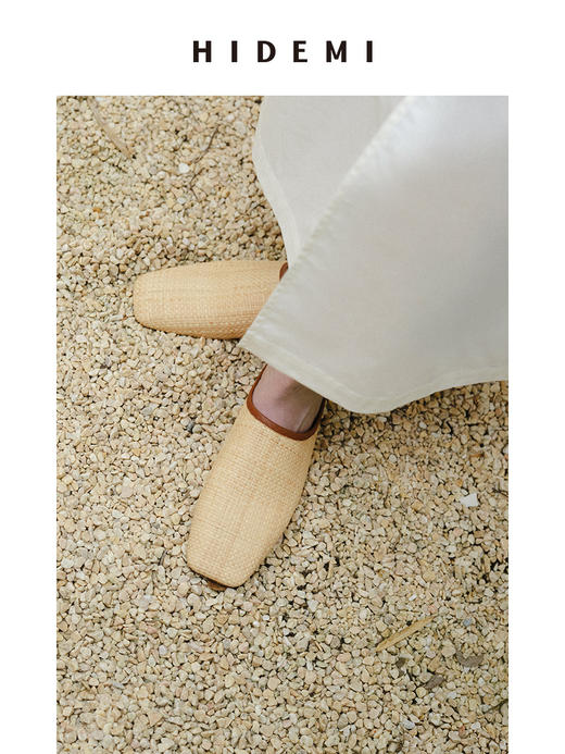 HIDEMI 度假系列小羊皮经典方头拖鞋平底鞋 黑色/马卡龙蓝/拉菲草手工拼皮 商品图10