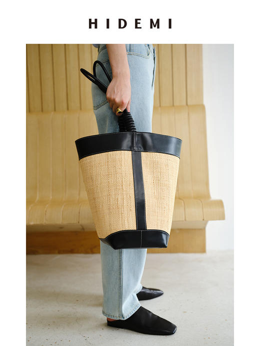 HIDEMI 度假系列拉菲草编织拼皮tote水桶包中号 黑色/棕色 商品图6