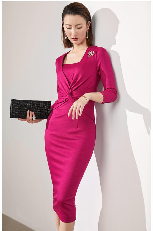 “微光玫瑰”颈袖添香-连衣裙-J20384569A 装新款通勤修身女士气质时尚名媛长袖职场包臀连衣裙 商品图1