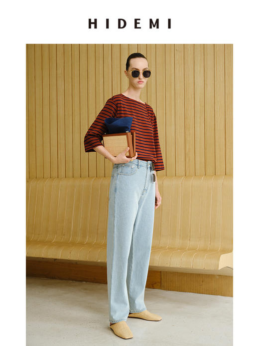 HIDEMI 度假系列海军条纹一字领七分袖上衣  蓝白/棕蓝 商品图2