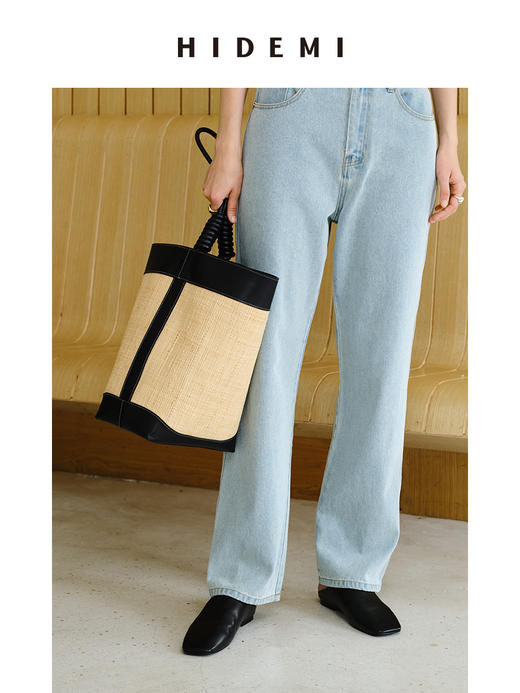HIDEMI 度假系列拉菲草编织拼皮tote水桶包中号 黑色/棕色 商品图7