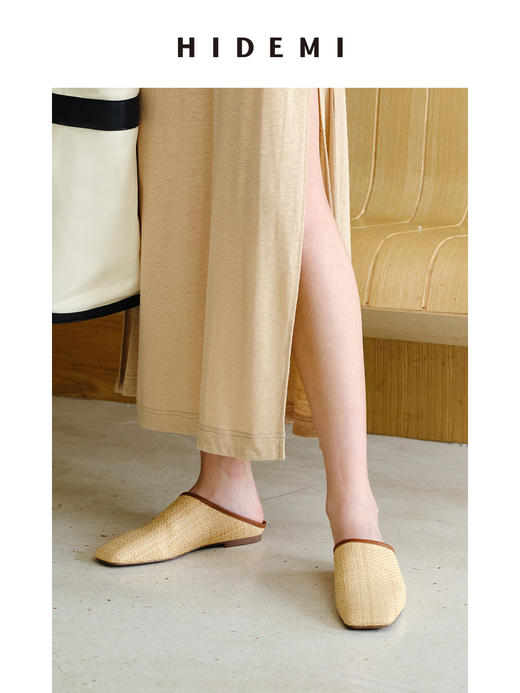 HIDEMI 度假系列小羊皮经典方头拖鞋平底鞋 黑色/马卡龙蓝/拉菲草手工拼皮 商品图8