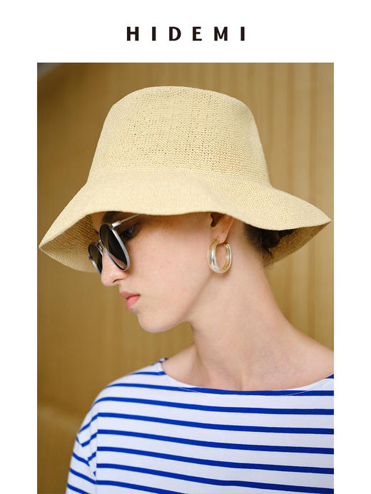 HIDEMI 度假系列手工编织渔夫帽草帽 米色/深蓝色 商品图4