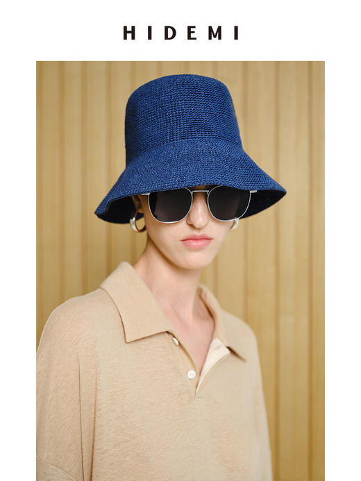 HIDEMI 度假系列手工编织渔夫帽草帽 米色/深蓝色 商品图8