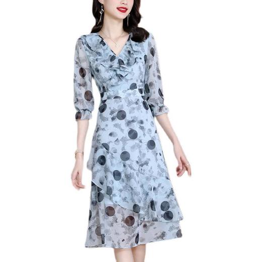 AHM87581 碎花连衣裙女2022夏季新品时尚V领拼接蓝色波点收腰显瘦荷叶边潮 商品图4