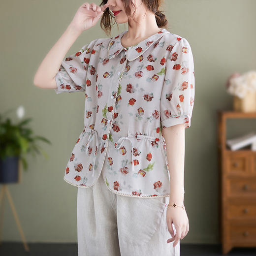 AHM-xrwy673夏季新款系带上衣时尚气质优雅设计感小众复古短袖衬衫 商品图0