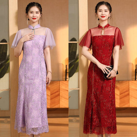 AYK-QF-220428水溶网纱圆轮花喇叭袖立领拼接旗袍改良鱼尾连衣裙夏时尚国风女装 商品图1