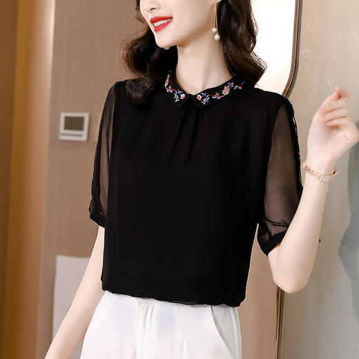黑色短袖休闲宽松Polo领绣花上衣MZ802505 商品图2