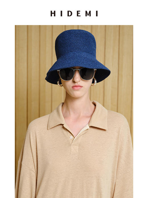 HIDEMI 度假系列手工编织渔夫帽草帽 米色/深蓝色 商品图6